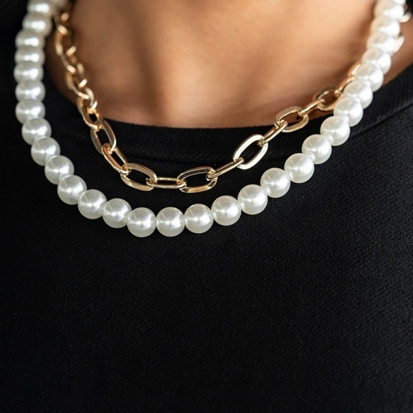 Paparazzi Gold and White Layered Necklace Set Suburban Yacht Club Jewelry - Picture 2 of 4